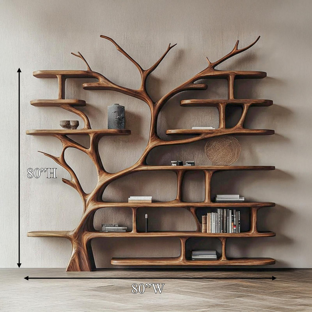 Rustic Tree Bookshelf Storage Tower, Wooden Branch Book Display Stand for Living Room & Office