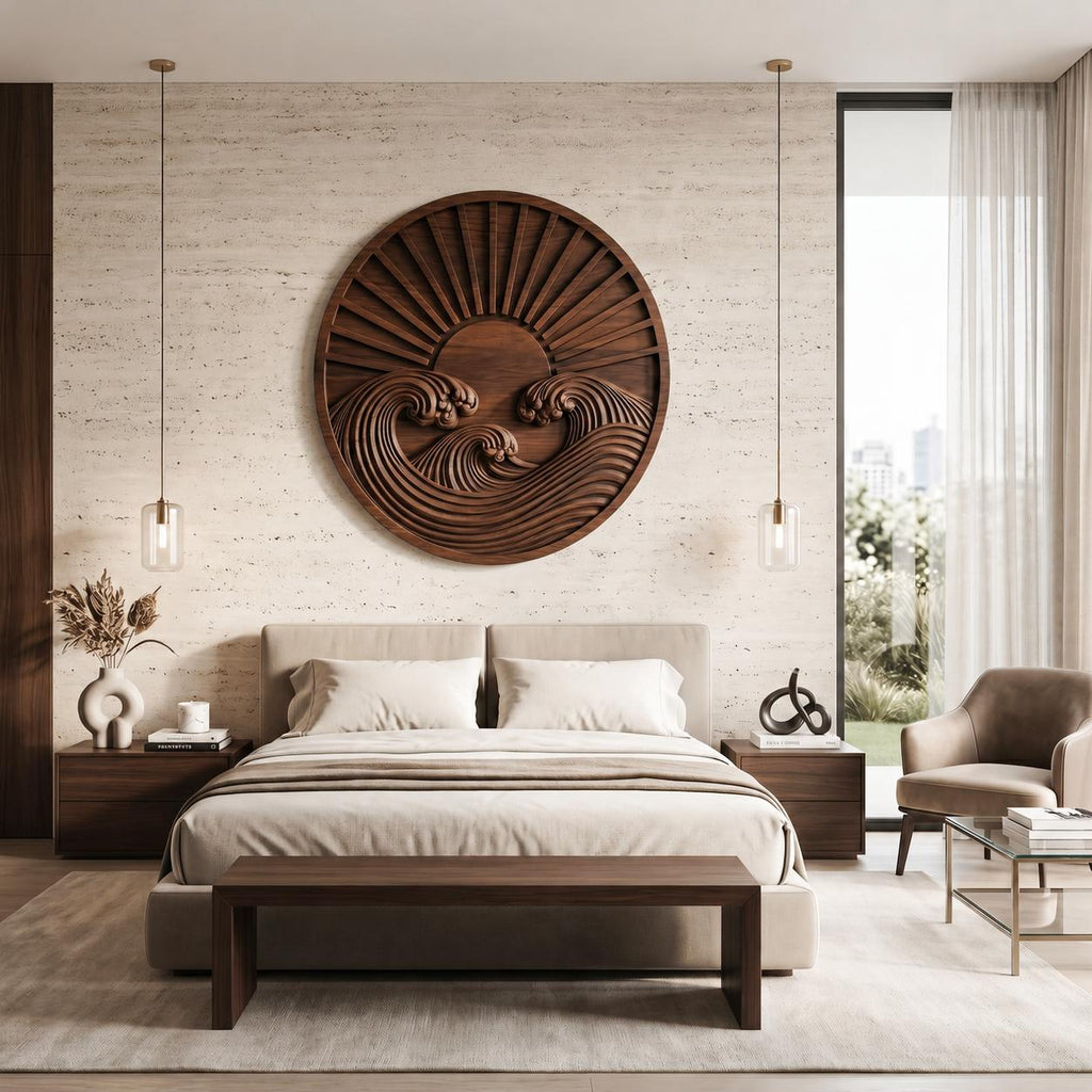 Round Wooden Wall Art with Carved Sun and Waves, Handcrafted Solid Wood Circular Relief Sculpture for Bedroom Decor