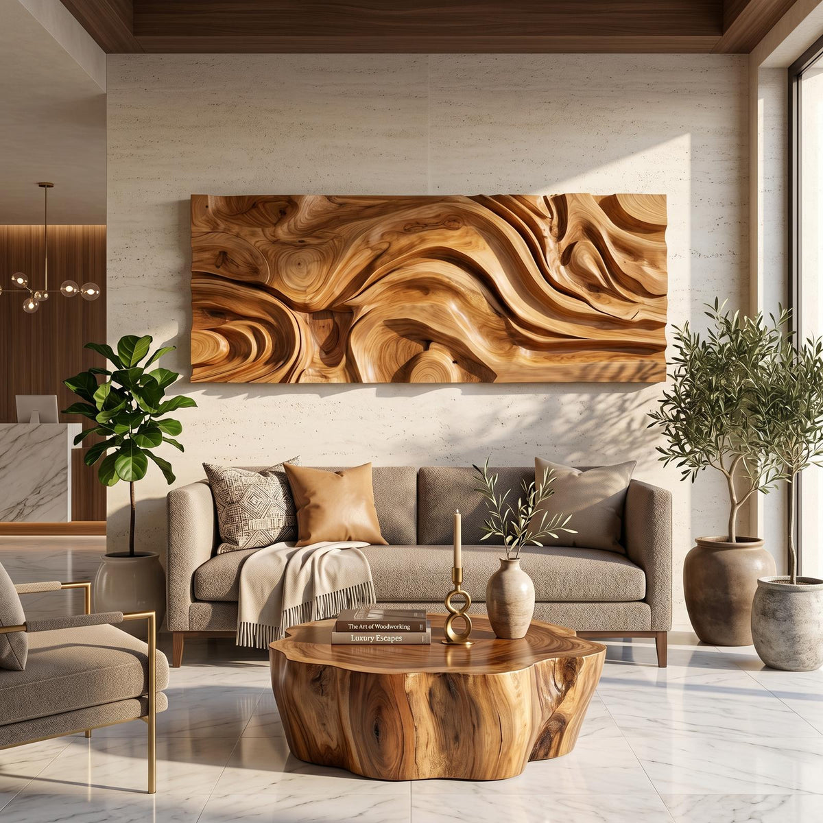 Round Floral Wooden Wall Art with Carved Texture, Circular Carved Flower Wall Panel
