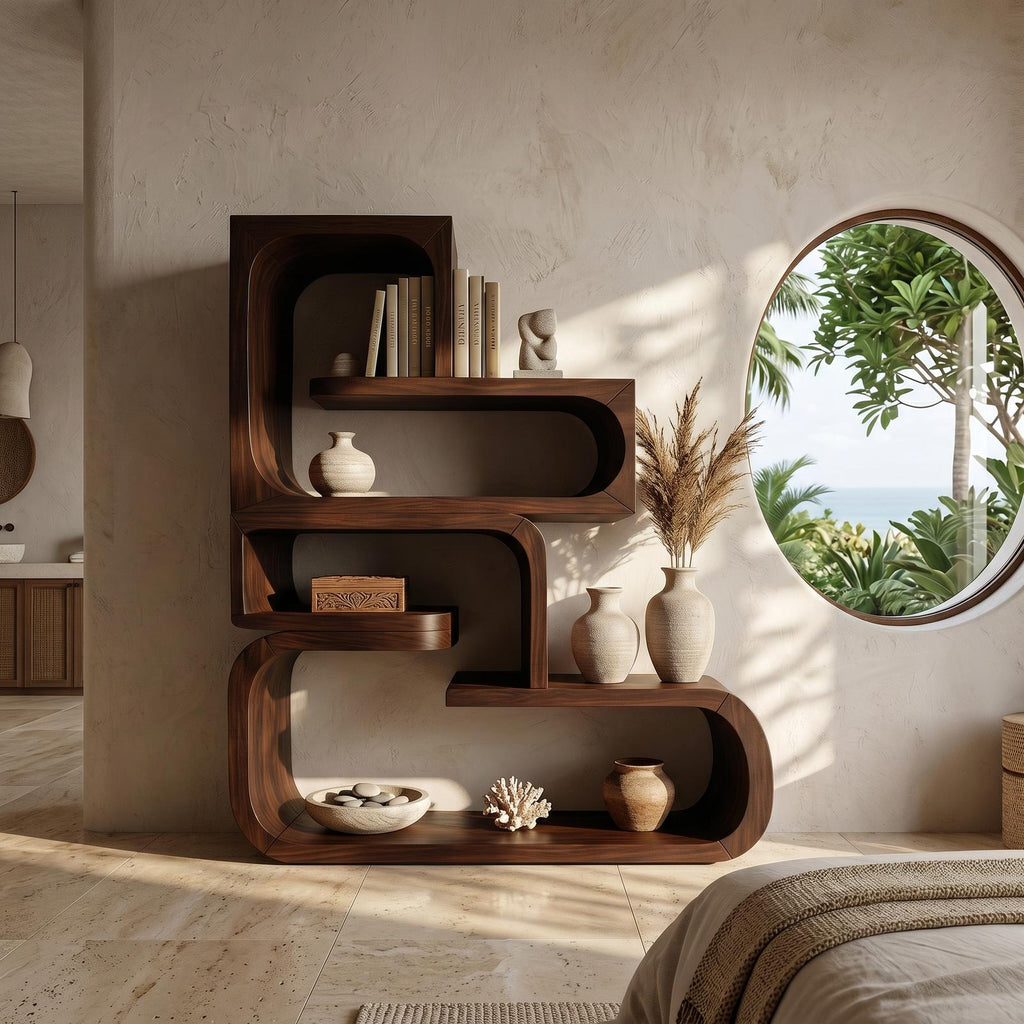 Contemporary Wave Edge Wooden Bookcase In Natural Finish SILDTTRBS056