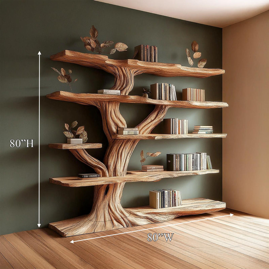 Rustic Sculptural Wood Tree Bookshelf, Handcrafted Wall Mounted Branch Bookcase for Living Room Art Display