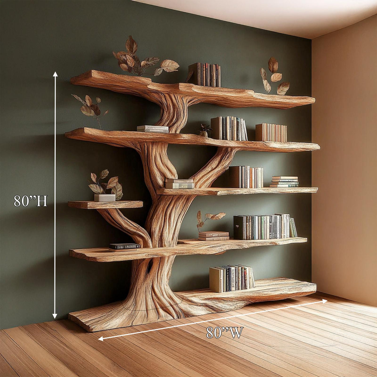Rustic Sculptural Wood Tree Bookshelf, Handcrafted Wall Mounted Branch Bookcase for Living Room Art Display