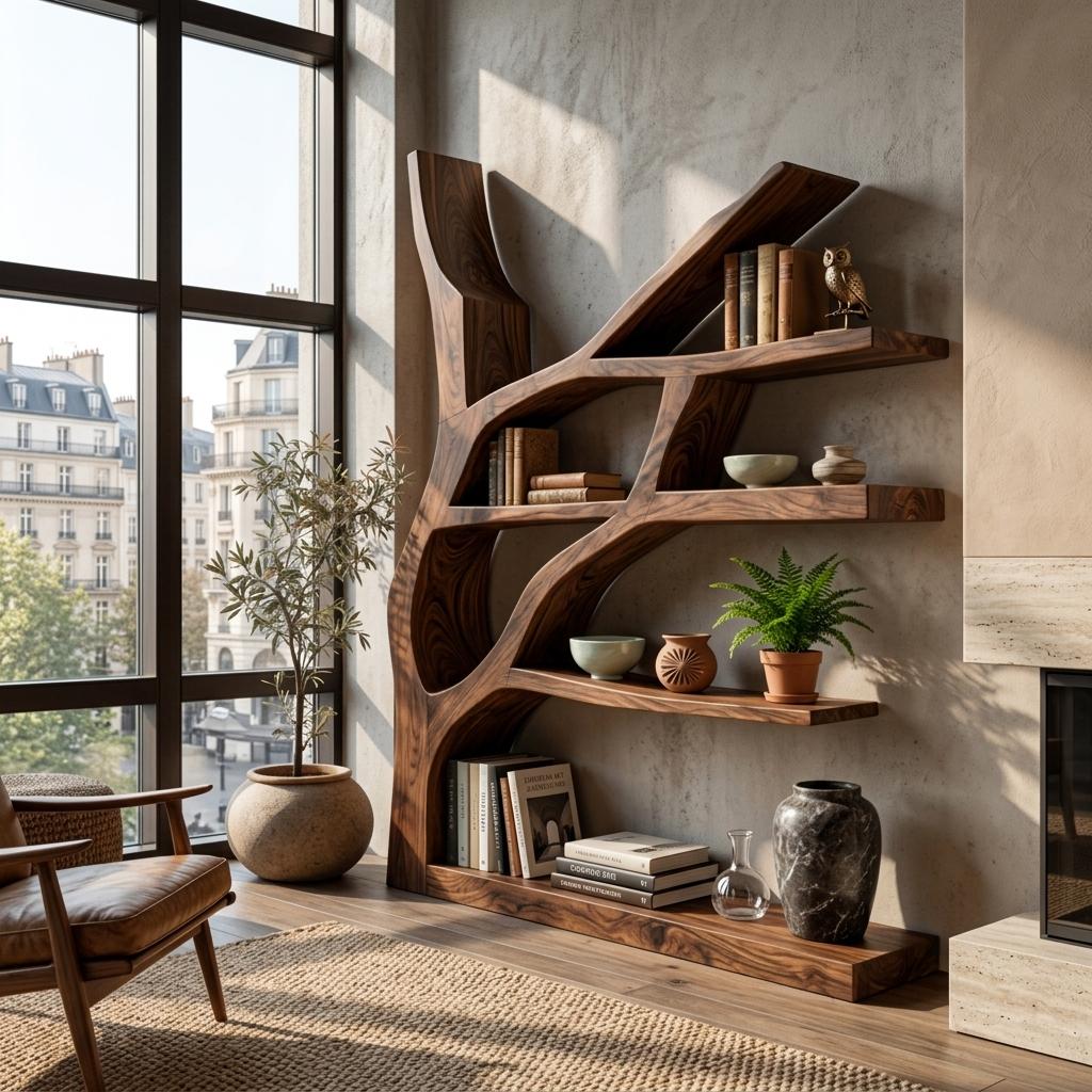 Contemporary Wooden Bookshelf with Sculptural Shape, Handcrafted Solid Wood Bookcase for Living Room & Library