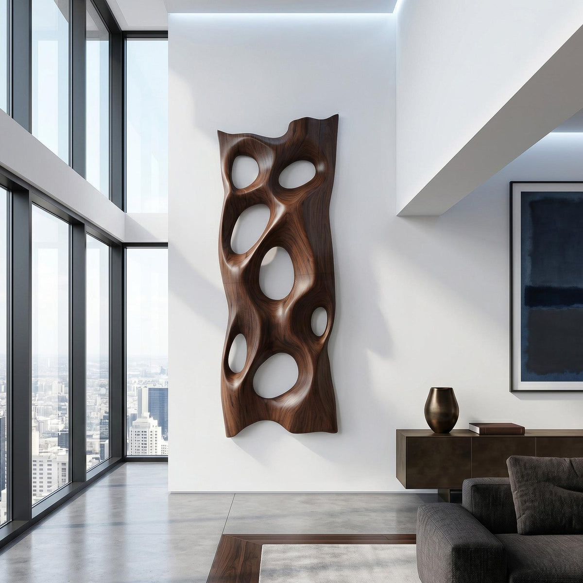 Contemporary Sculptural Wall Art, Abstract 3D Carved Wood Geometric Wall Sculpture Panel for Entryway & Lounge