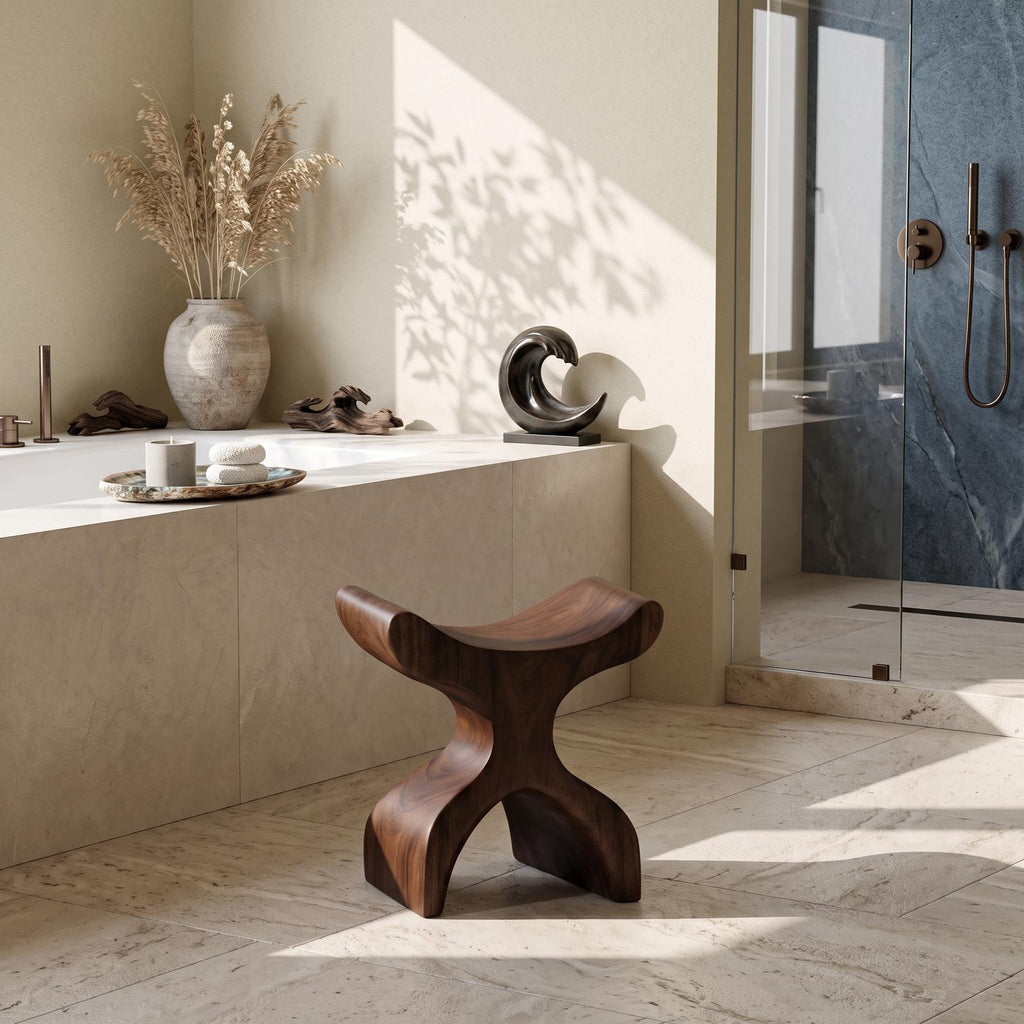 Mid Century Solid Wood Bath Seat, Handcrafted Shower Bench & Spa Stool for Modern Bathroom Furniture Decor