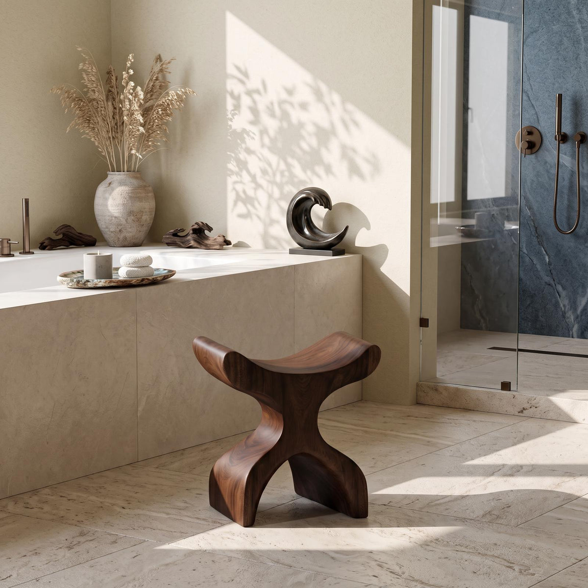 Mid Century Solid Wood Bath Seat, Handcrafted Shower Bench & Spa Stool for Modern Bathroom Furniture Decor