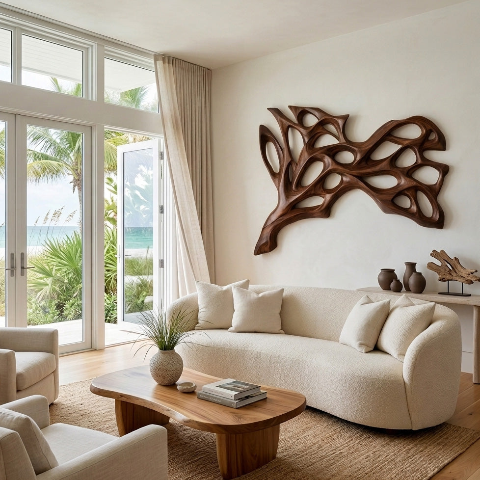 Abstract Natural Wood Wall Art, Hand Carved 3D Curved Wave Wooden Sculpture Panel Decor for Modern Home