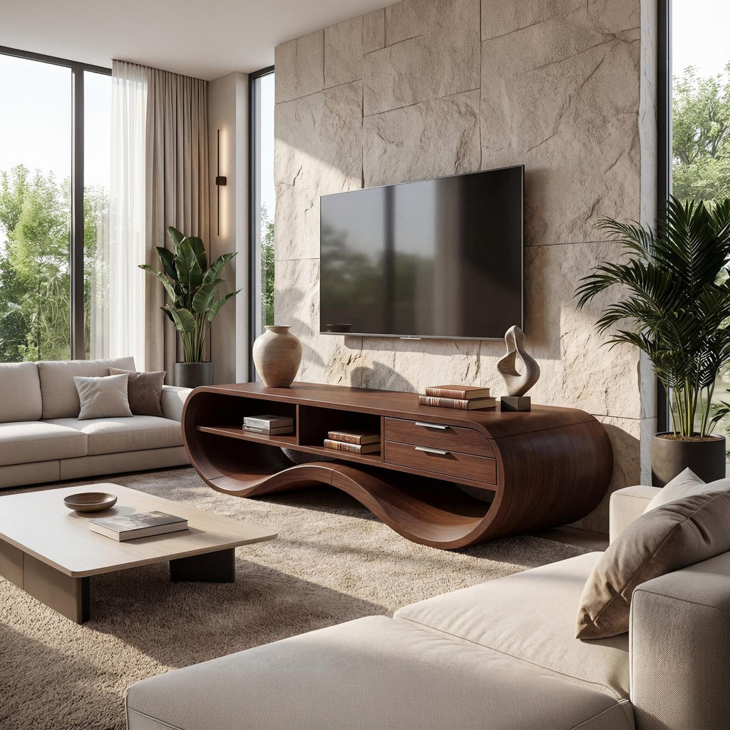 Modern Streamline Wood TV Cabinet, minimalist Media Console Credenza & Entertainment Center for Living Room