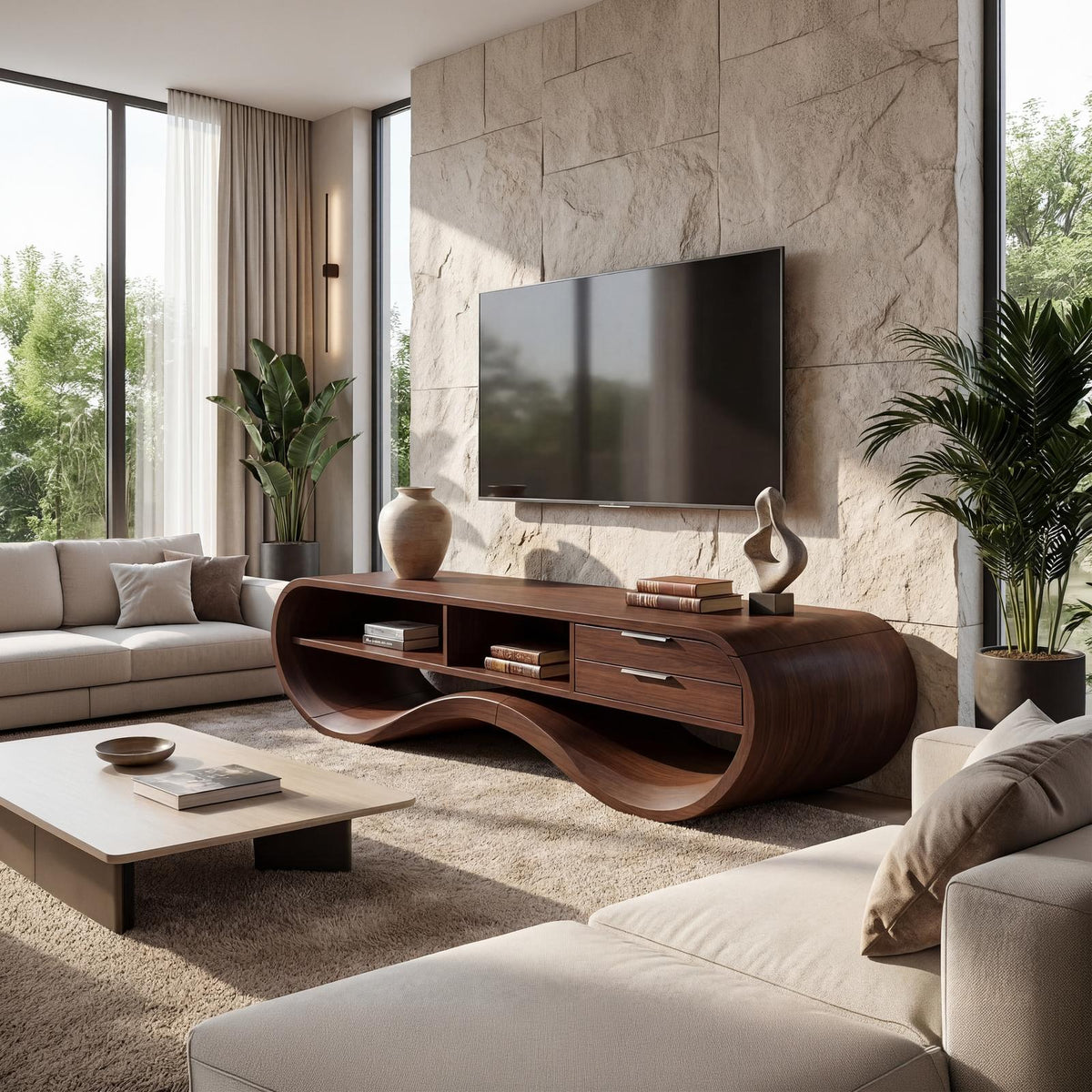 Modern Streamline Wood TV Cabinet, minimalist Media Console Credenza & Entertainment Center for Living Room