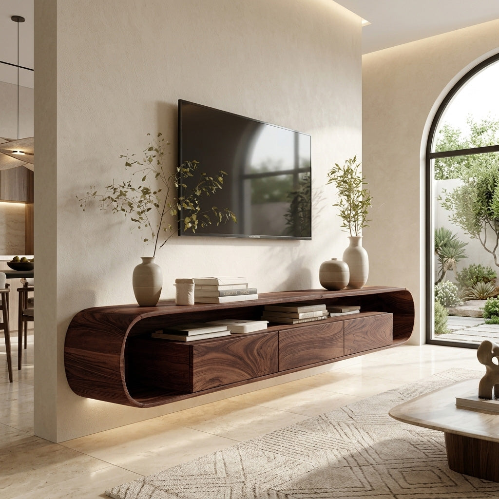 Organic Modern Floating TV Console, Wall Mounted Solid Wood Media Console Unit for Living Room
