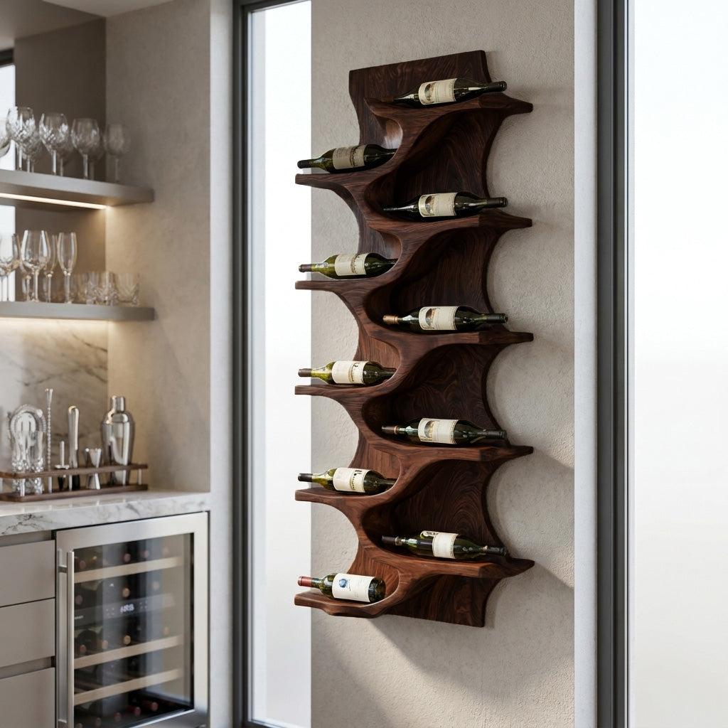 Rustic Natural Solid Wood Wine Rack, Handcrafted Wall Mounted Storage Shelf for Home Bar & Kitchen