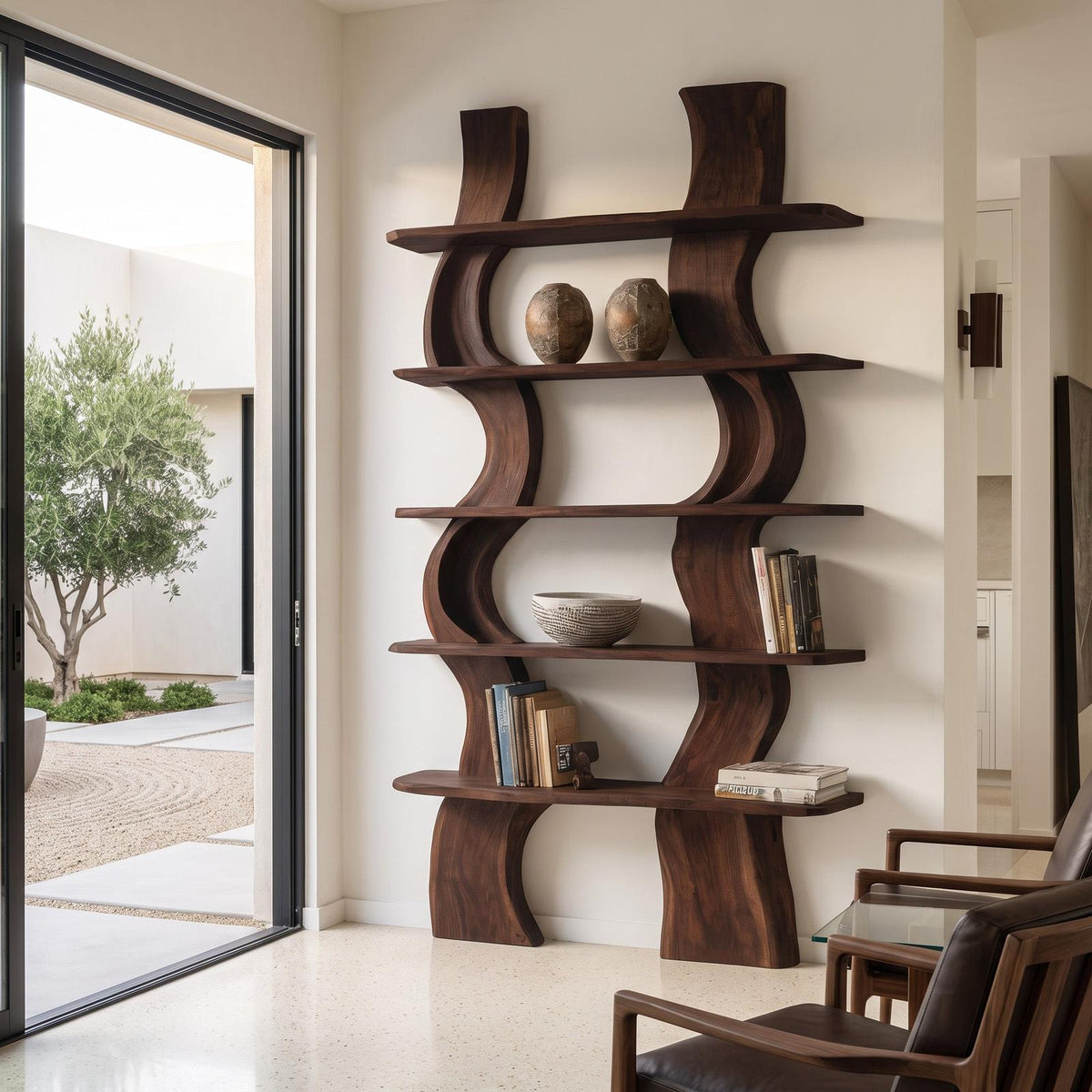 Organic Carved Wood Shelf Storage & Bookcase Display Unit, Solid Wood Accent Shelving for Home Office or Living Room