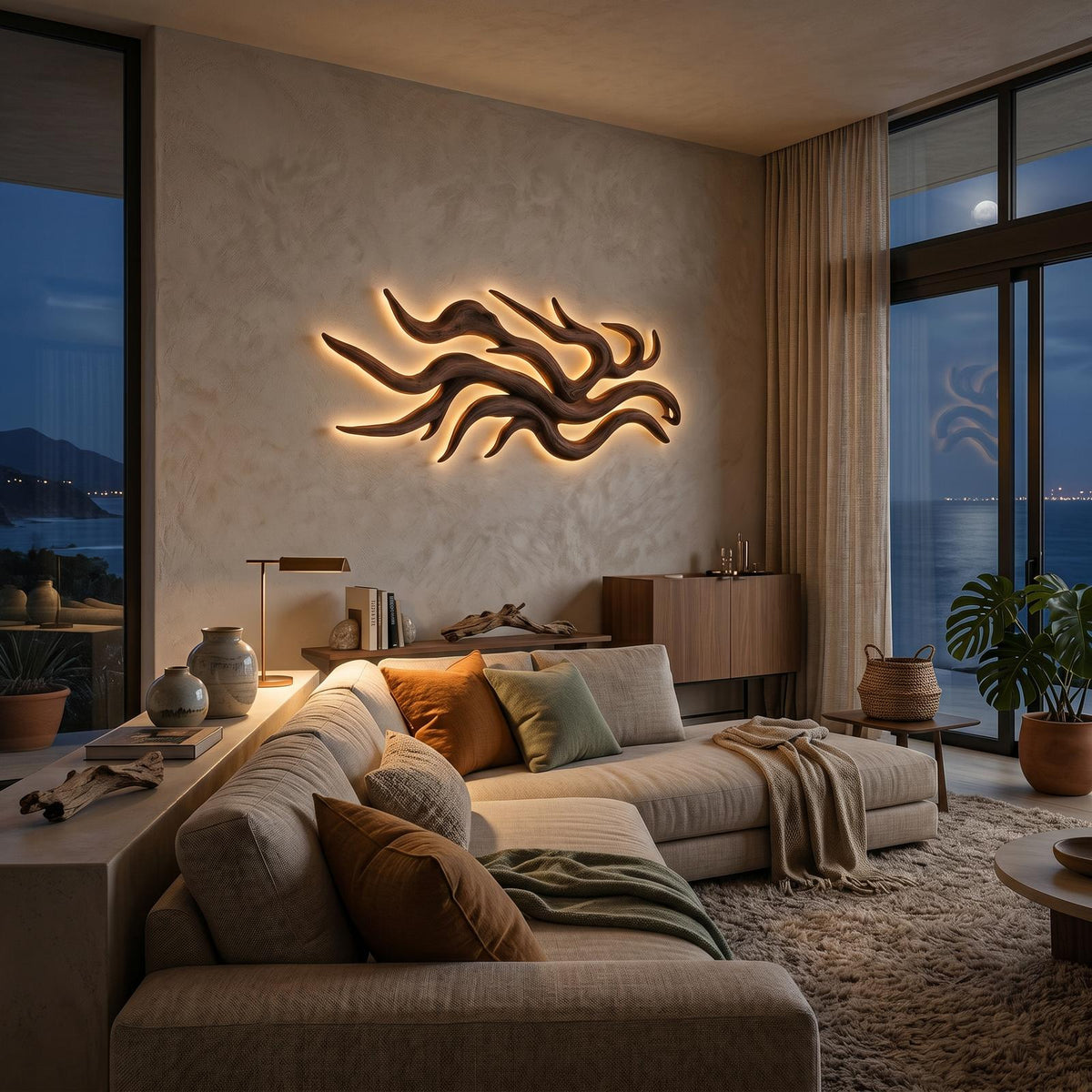 Artistic Wooden Wall Light with Flowing Root Design, Sculptural Rustic Sconce for Accent Bedroom Decor, Model
