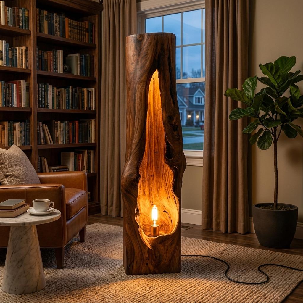 Rustic Wooden Floor Lamp, Sculptural Solid Wood Standing Accent Light with Shade for Cozy Bedroom, Model