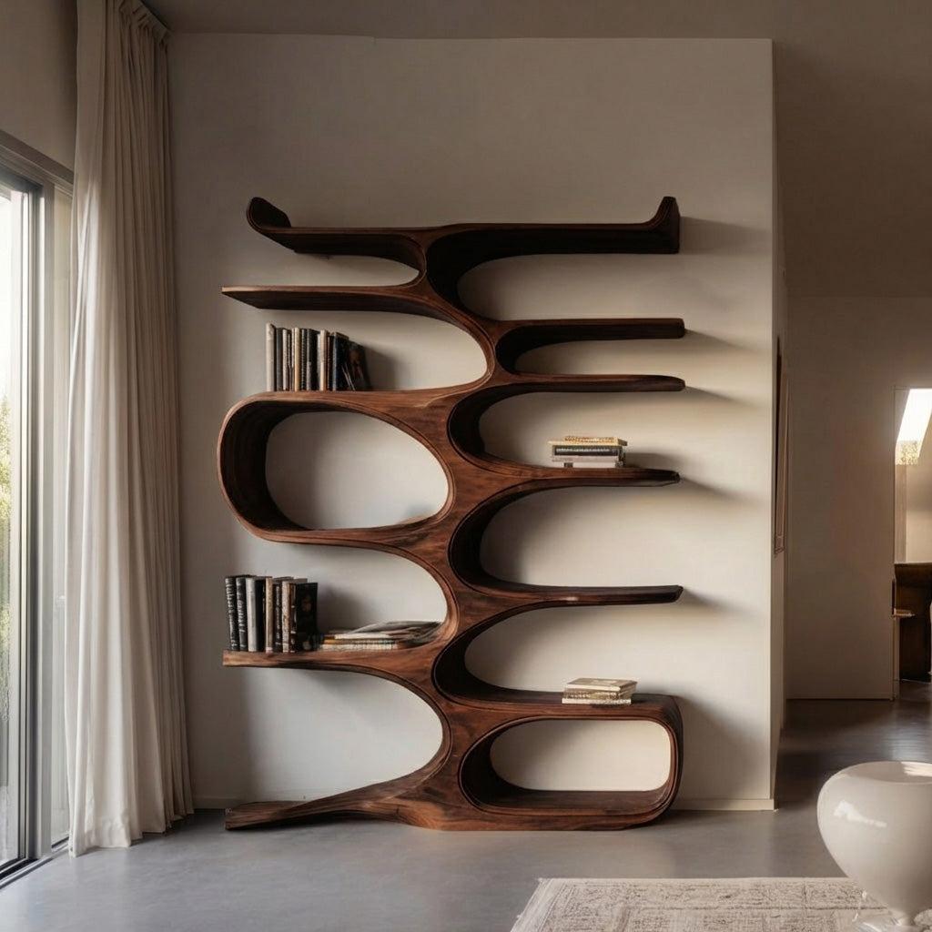 Mid-Century Natural Wood Bookshelf, Handcrafted Solid Wood Geometric Bookcase & Display Rack for Office & Living Room