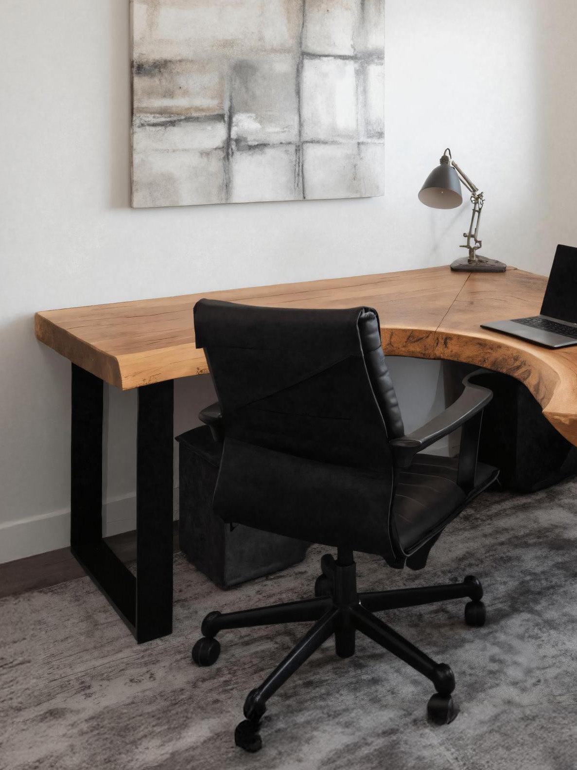 Modern Live Edge L-Shaped Corner Desk, Handcrafted Large Solid Wood Executive Office Desk Table for Home Workspace