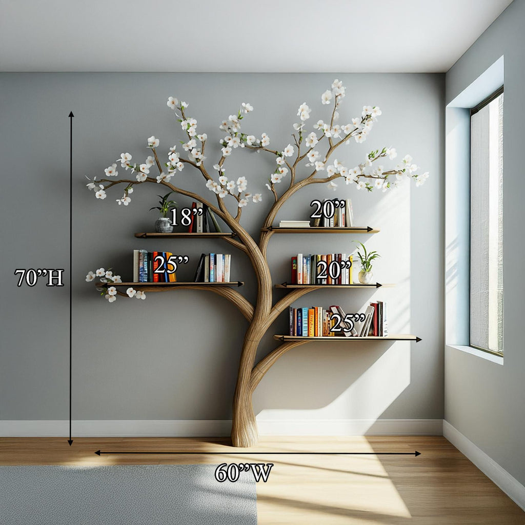 Rustic Tree Wall Bookshelf, Handcrafted Wooden Branch Floating Shelf & Flower Display Rack for Living Room