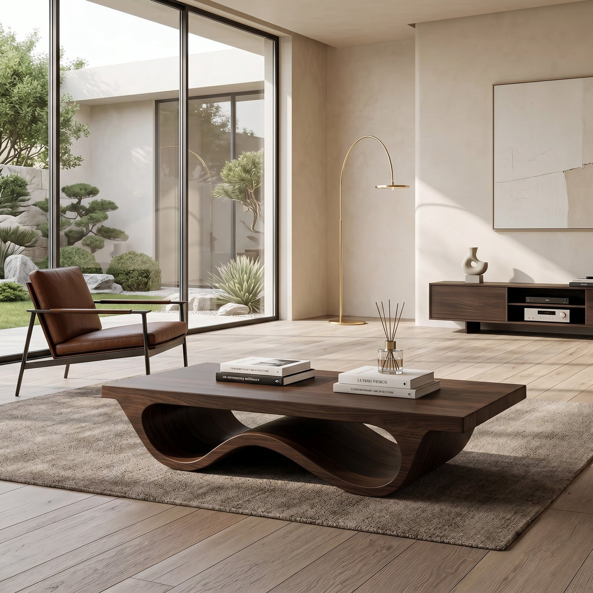 Contemporary Coffee Table, Curved Leg Pedestal Solid Wood Cocktail Table for Modern Living Room & Lounge