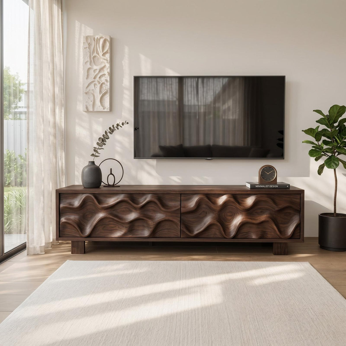 Hand-Carved TV Stand, Artistic Wave Design Solid Wood Media Entertainment Console Table for Modern Living Room