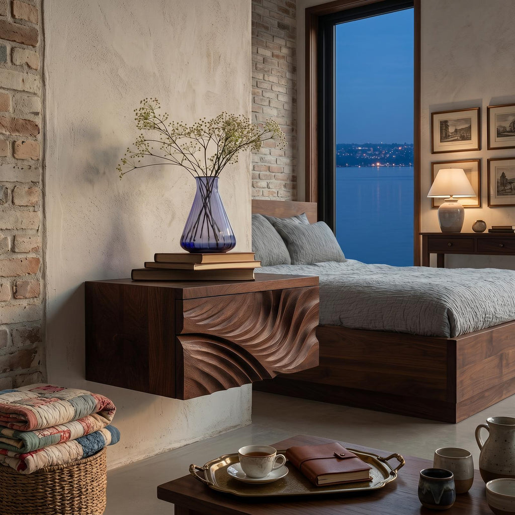 Elegant Wooden Floating Nightstand with Carved Front, Wall Mounted Bedside Table with Drawer, Model