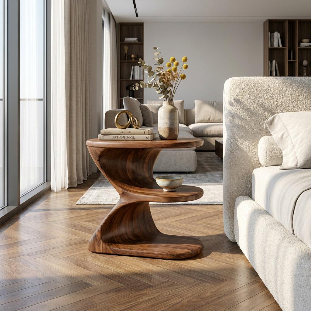 Modern Natural Wood Nightstand, Unique E-Shape Bedside Table with Open Shelves for Bedroom, Model