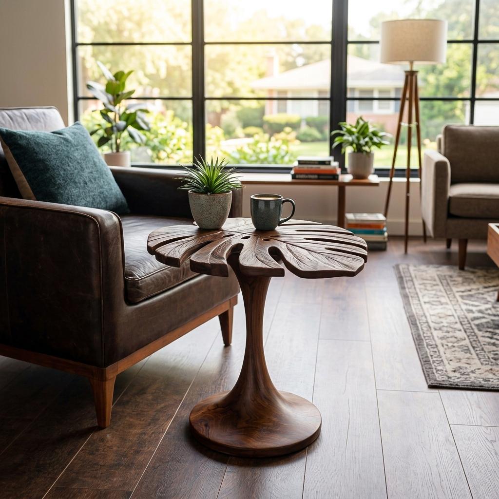 Handmade Wooden Side Table with Leaf Shape Top, Solid Wood Sculptural End Table for Sofa Side & Living Room, Model