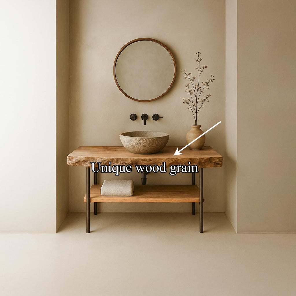 Mid-Century Natural Edge Counter, Solid Wood Bathroom Vanity Countertop, Single Sink Floating Support Shelf