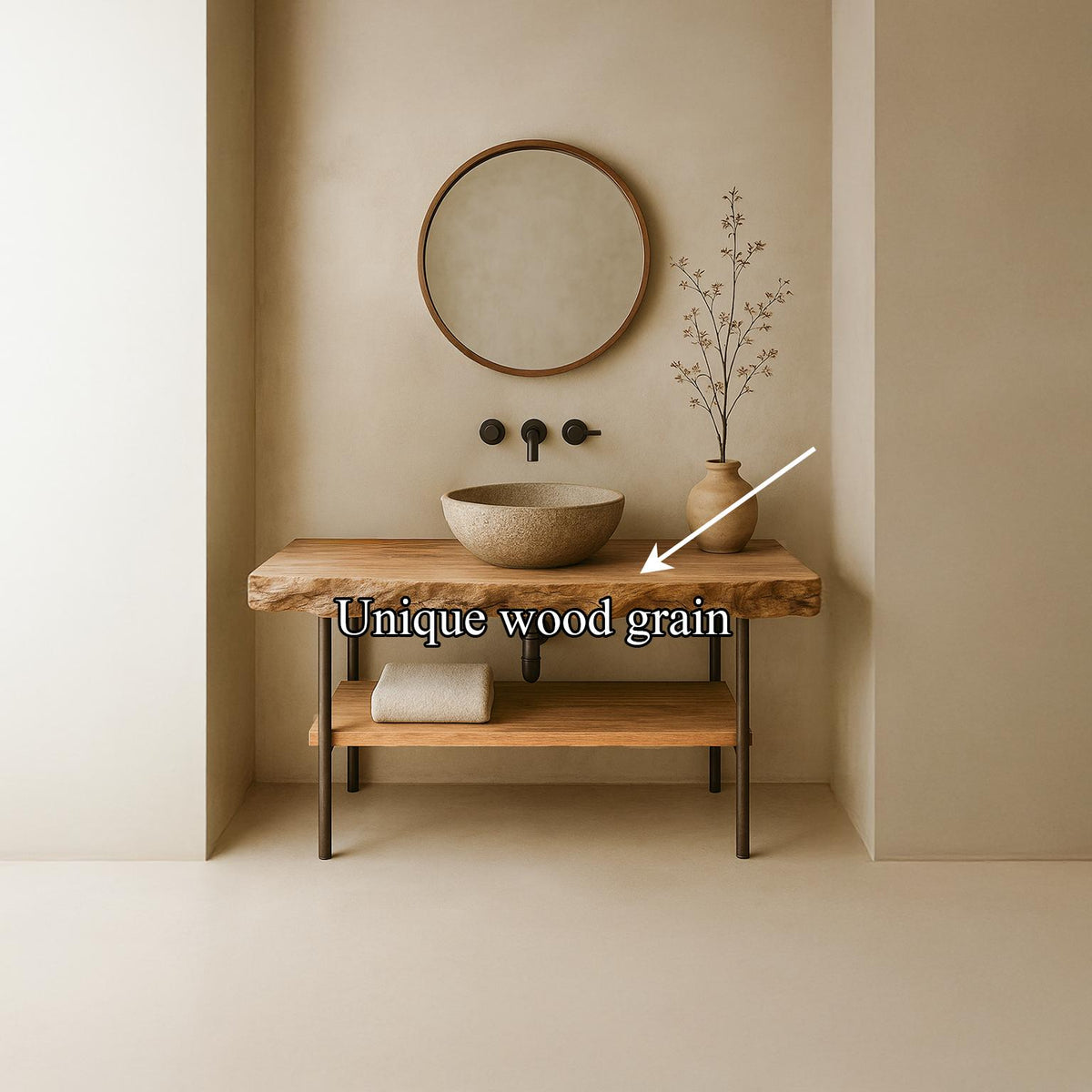Mid-Century Natural Edge Counter, Solid Wood Bathroom Vanity Countertop, Single Sink Floating Support Shelf