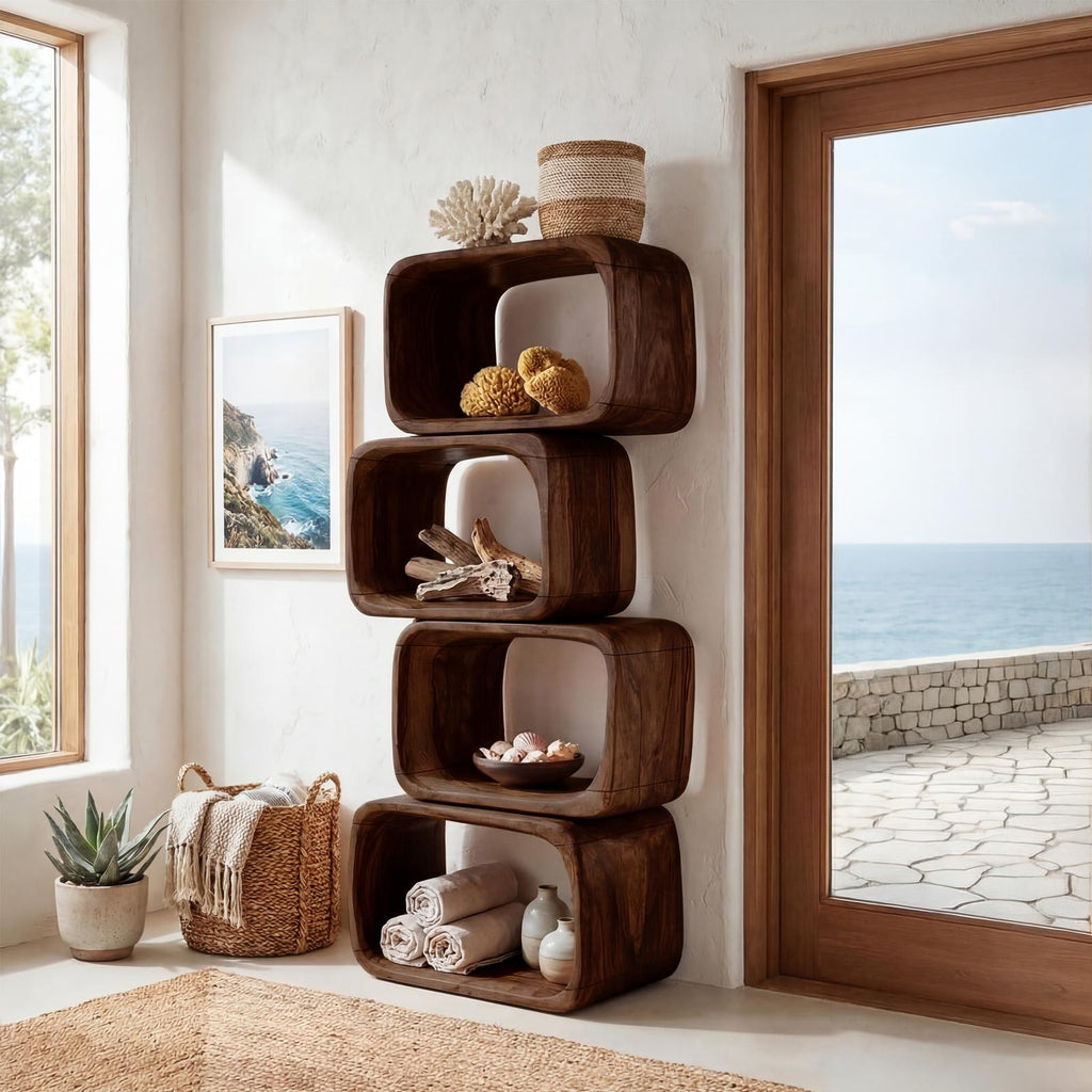 Japandi Asymmetrical Bookshelf, Minimalist Wooden Bookcase Storage Shelf for Bathroom & Living Room