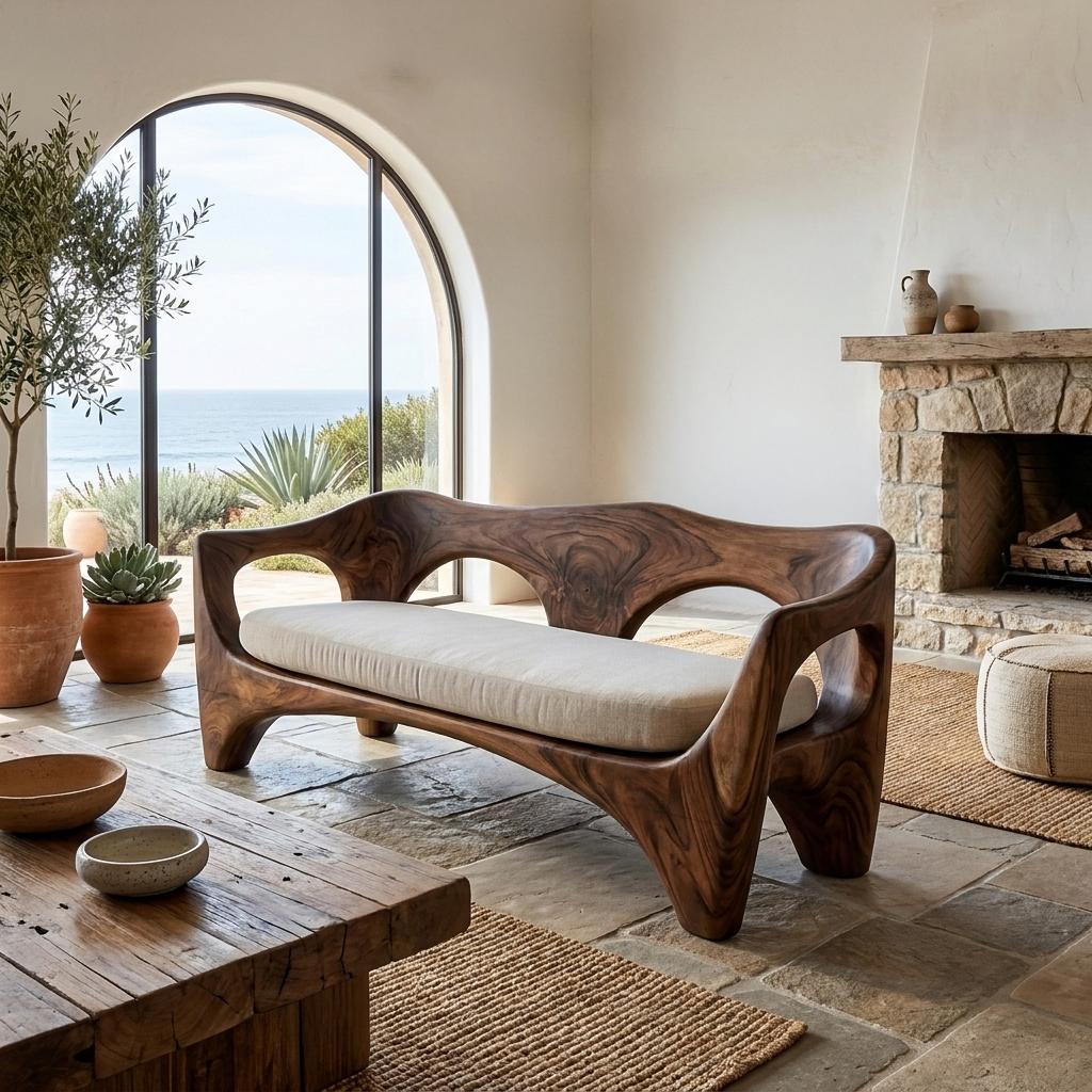Mid-Century Modern Wooden Sofa with Sculptural Frame, Handcrafted Solid Wood Patio & Living Room Couch, Model
