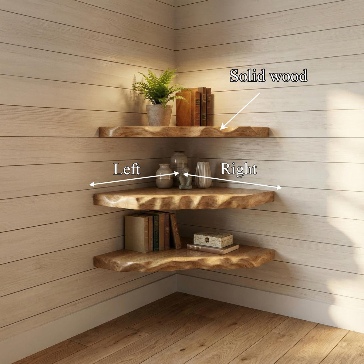 Rustic Floating Corner Display Shelf, Solid Wood Wall Mounted Storage for Living Room & Lounge