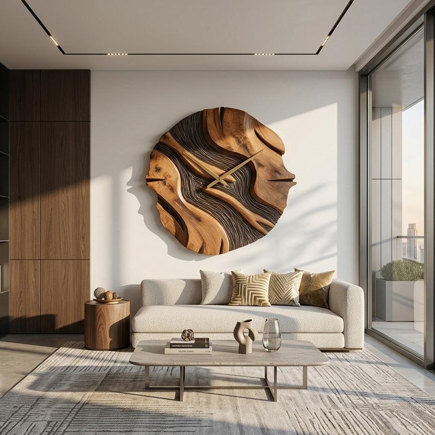 Organic Sculptural Wooden Wall Clock, Modern Abstract Hand-Carved Wood Clock for Living Room Wall Decor