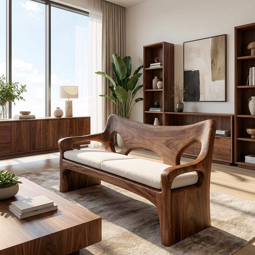 Modern Sofa with Sculptural Wood Frame, Contemporary Handcrafted Solid Wood Couch for Living Room, Model
