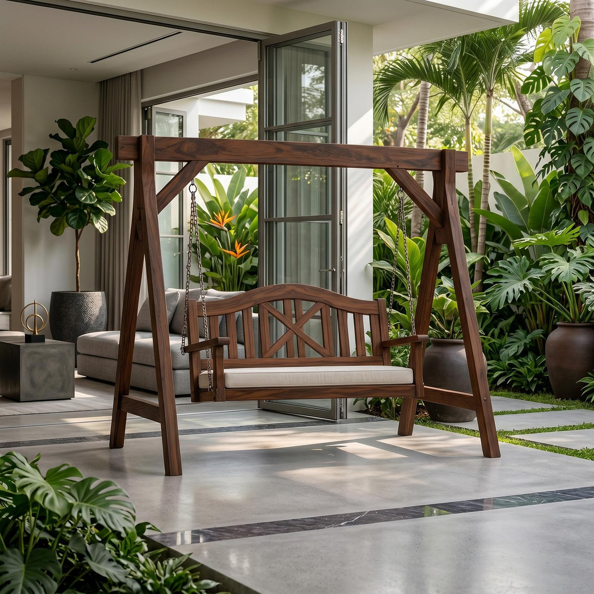Mediterranean Wooden Swing Bench Villa Patio
