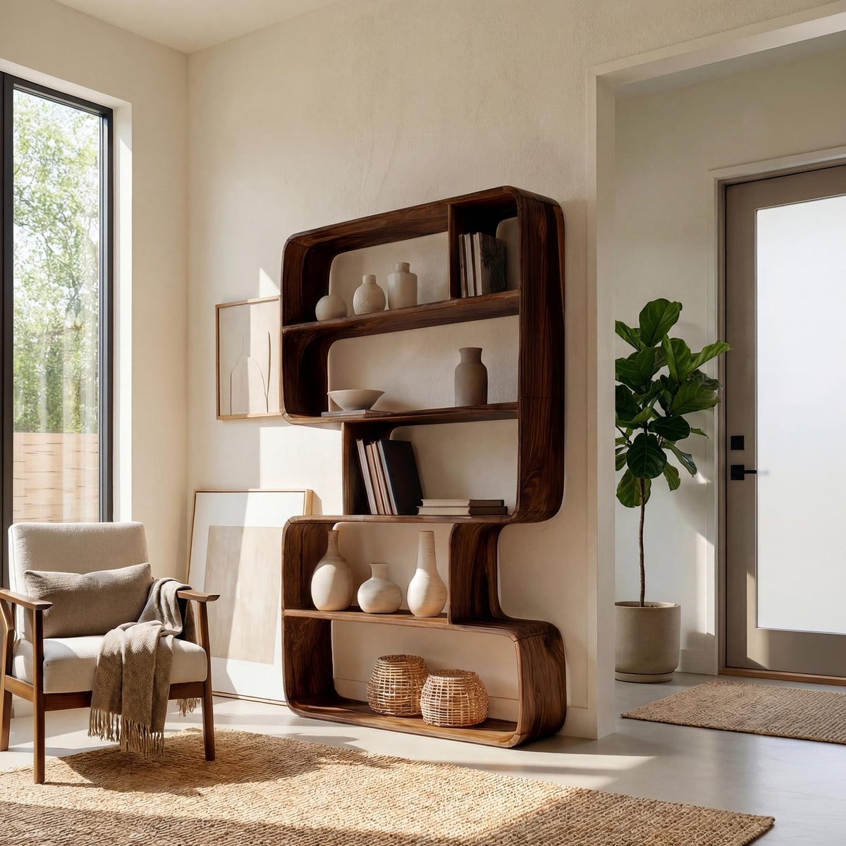 Japandi Sculptural Wood Bookshelf, Wall-Mounted Bathroom Open Storage Display Cabinet & Towel Rack Organizer