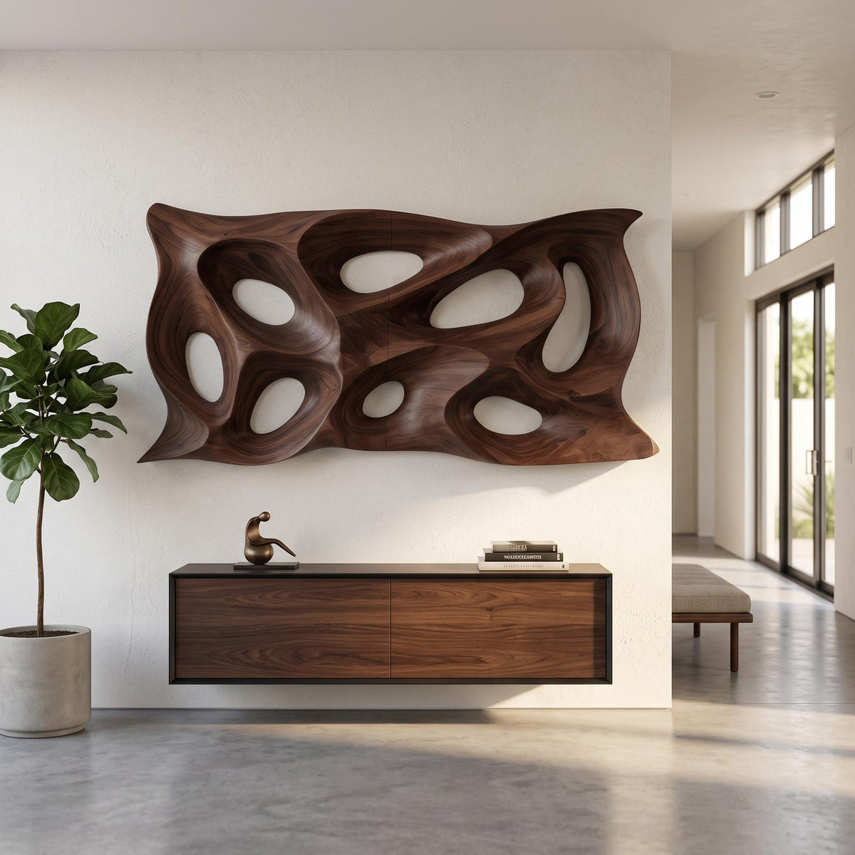 Modern Sculptural Wall Art, Abstract 3D Carved Wood Wall Sculpture Panel for Lounge & Living Room Decor