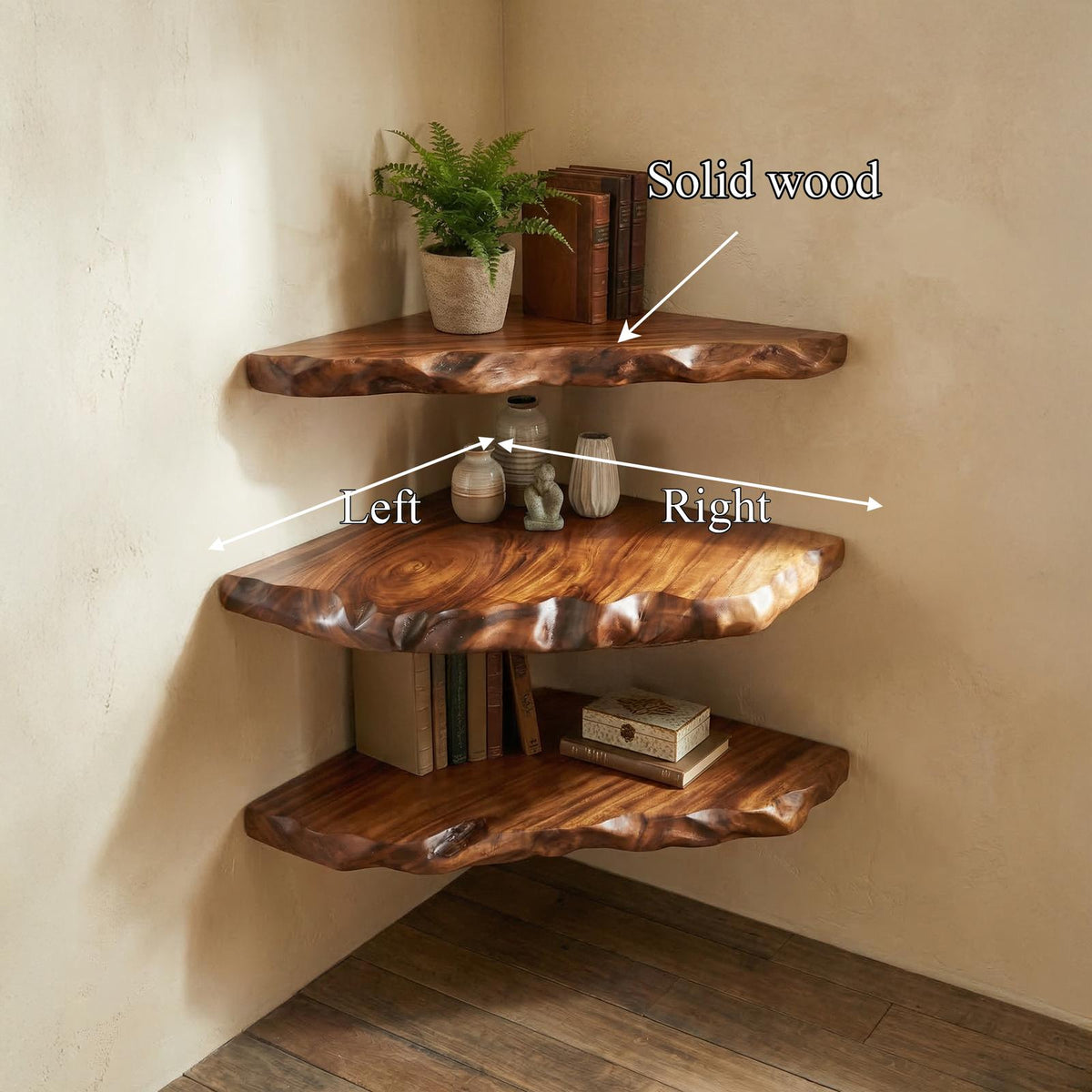 Rustic Floating Corner Shelf, Solid Wood Wall-Mounted Display Storage for Living Room