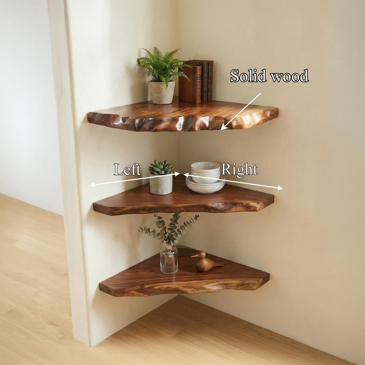 Rustic Wall Mounted Corner Shelf, Solid Wood Hanging Display Organizer for Living Room