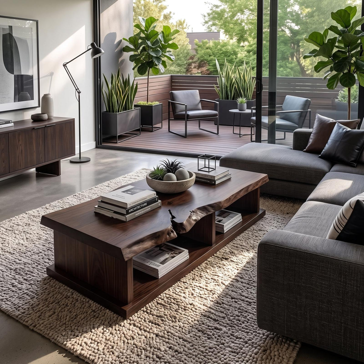 Live Edge Storage Coffee Table For Apartment Lounge