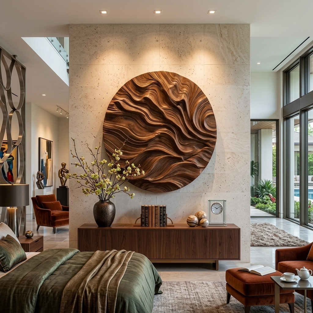Round Carved Wood Wall Sculpture, 3D Abstract Mandala Style Circular Wood Panel Art for Living Room