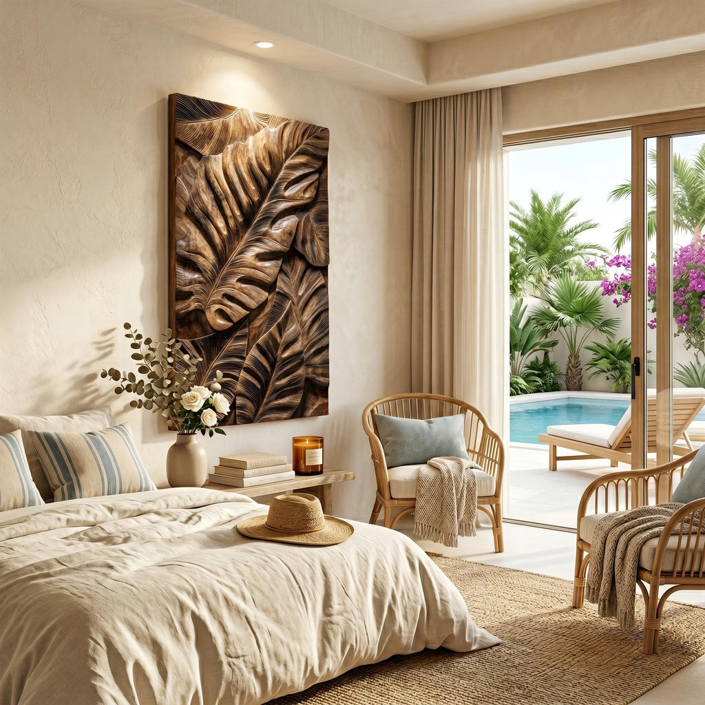 Industrial Wooden Wall Art with Leaf Relief Design, Carved Leaf Art Panel for Entryway