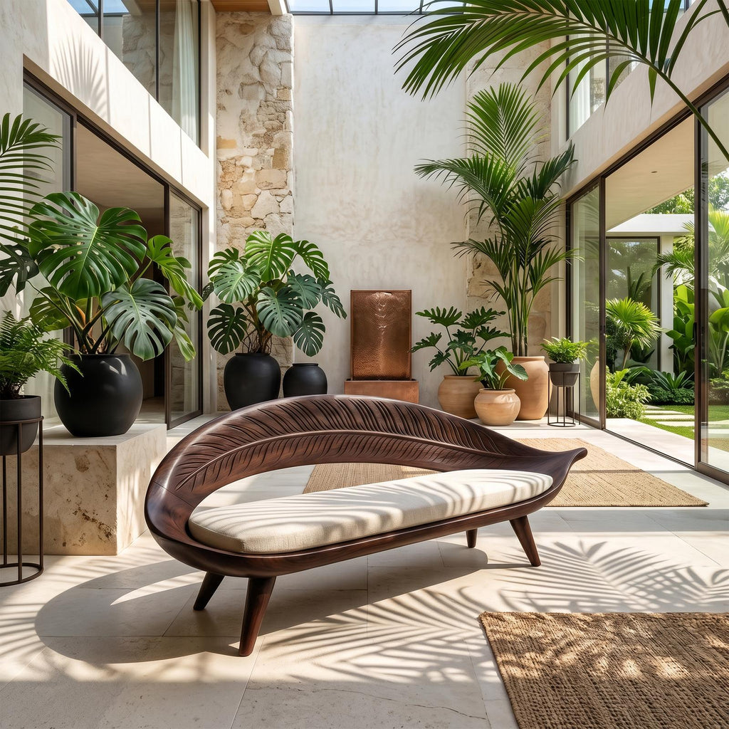 Spry Interior Modern Woven Leaf Shaped Bench, Sculptural Solid Wood Accent Seating for Mudroom, Entryway or Indoor Garden, SILDTTNBEN003