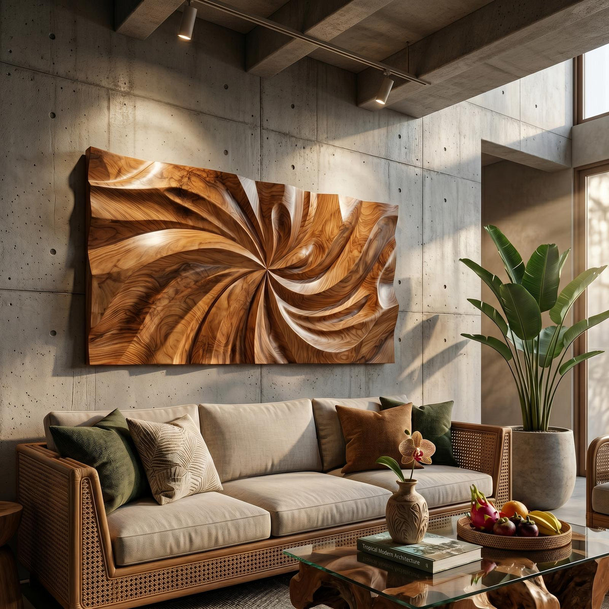 Modern Wood Wall Art with Swirl Relief, 3D Abstract Wave Carved Wall Panel Decor