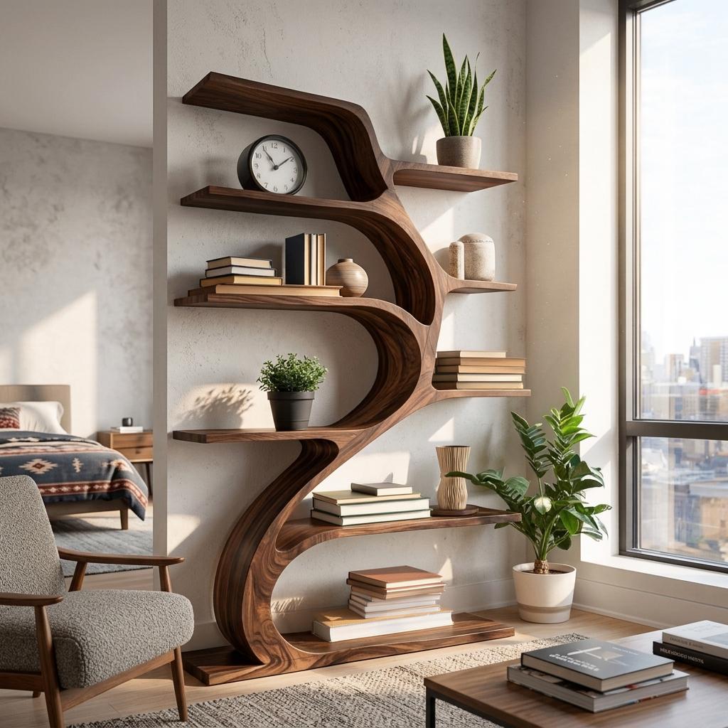 Minimal Natural Wood Bookshelf with Branch Design, Handcrafted Solid Wood Bookcase for Modern Living Room & Office