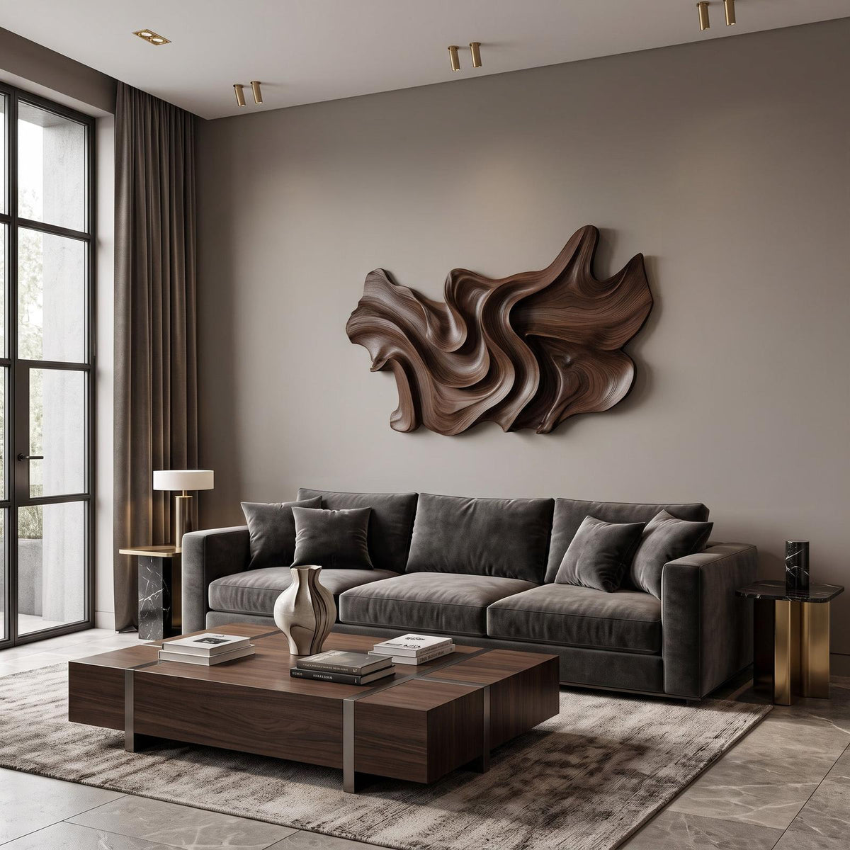 Modern Sculptural Wood Wall Art, 3D Hand-Carved Abstract Geometric Wooden Wall Hanging Panel for Living Room & Bedroom