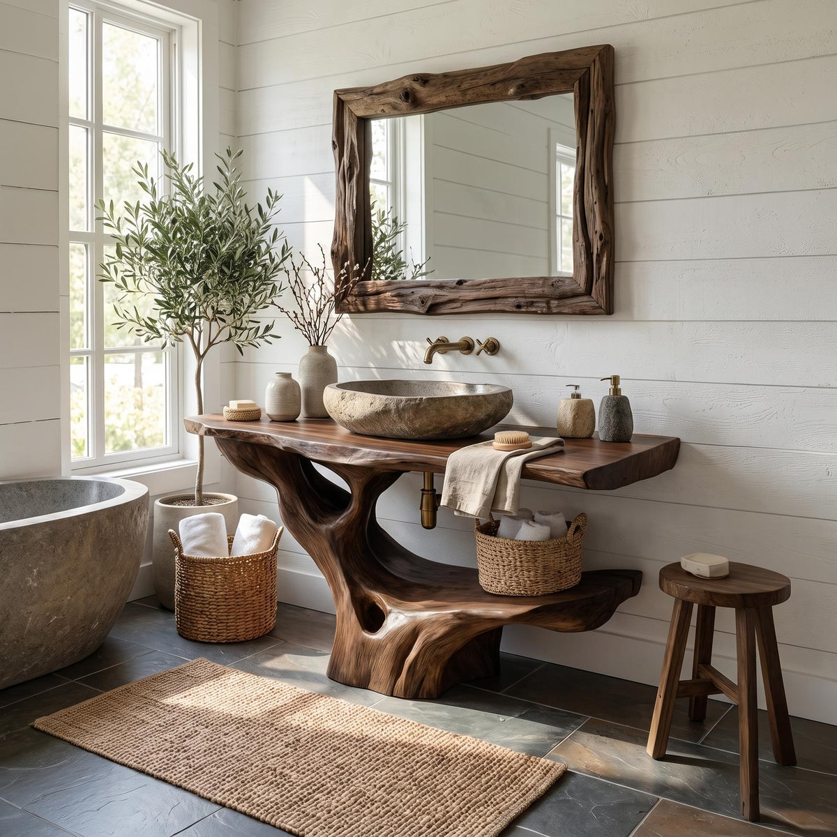 Spry Interior Modern Solid Wood Bathroom Vanity, Organic Live Edge Floating Single Sink Cabinet & Washbasin Console Shelf, SILDTTRBRV121