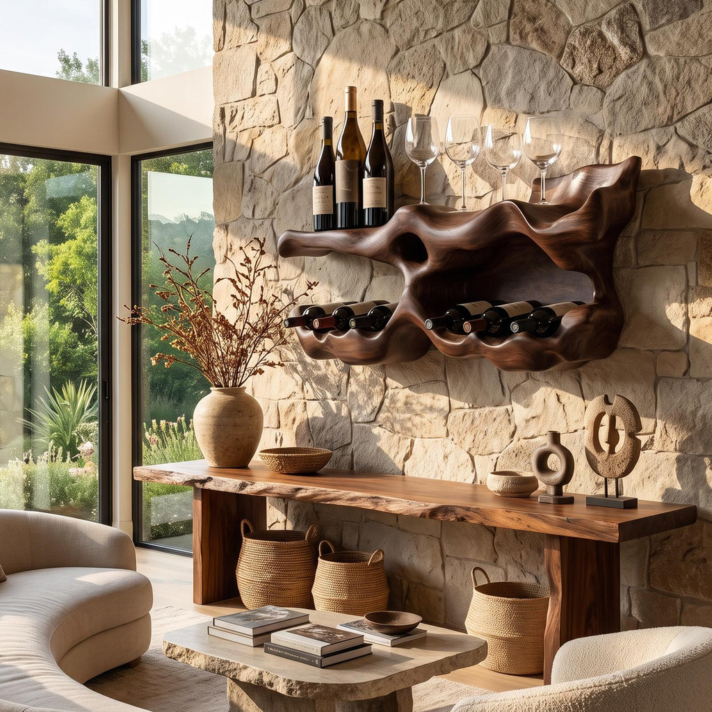 Farmhouse Wooden Wine Holder, Handcrafted Tabletop Wine Bottle Rack & Glass Display Organizer for Living Room Shelf