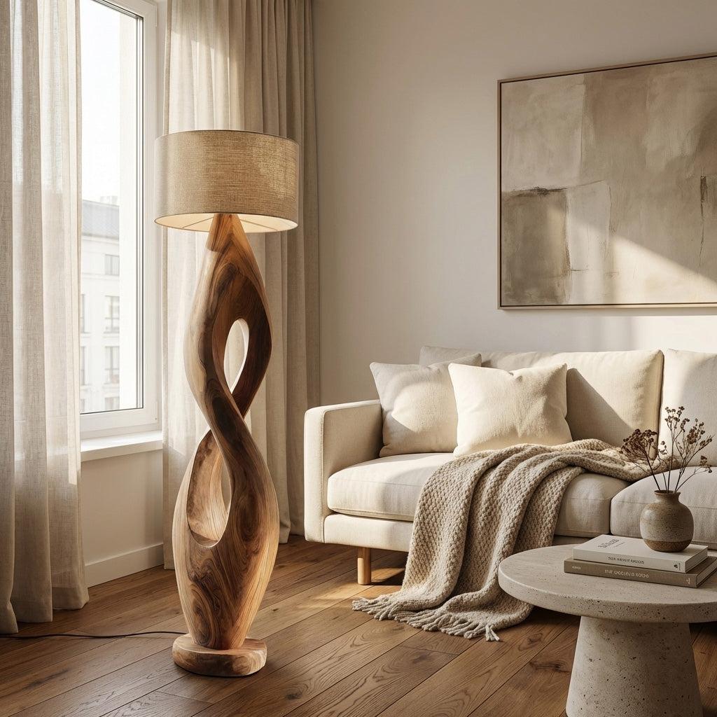 Modern Twisted Wooden Floor Lamp, Handcrafted Solid Wood Spiral Standing Light with Shade for Living Room, Model