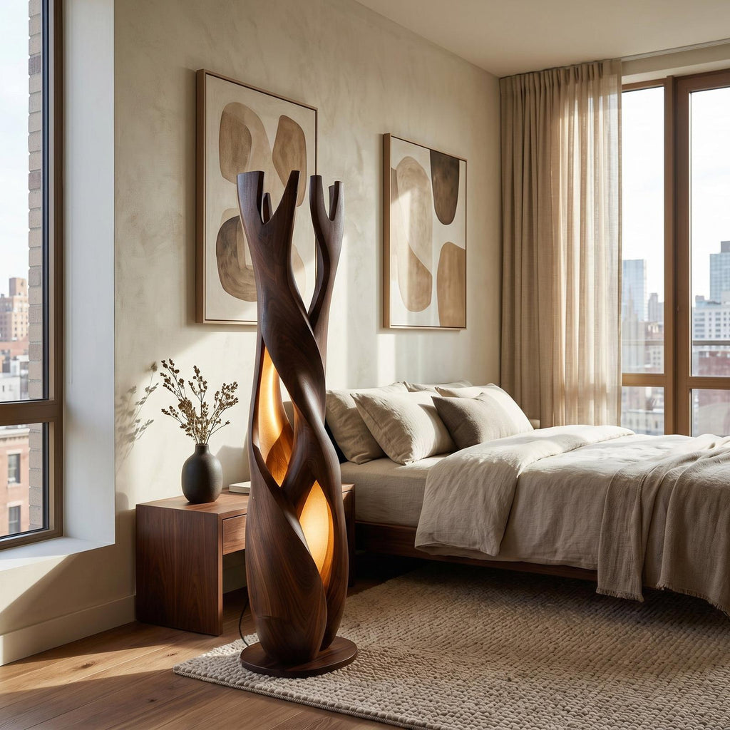 Statement Wooden Sculpture Lamp, Sculptural Solid Wood Artistic Accent Light for Luxury Home Living Room, Model