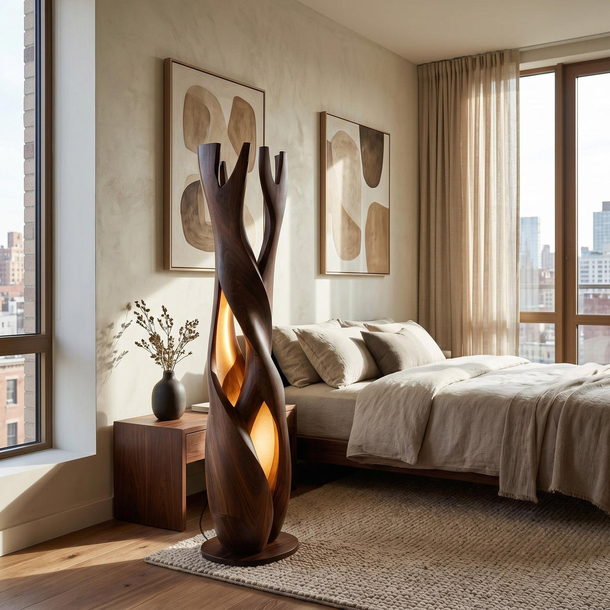 Statement Wooden Sculpture Lamp, Sculptural Solid Wood Artistic Accent Light for Luxury Home Living Room, Model